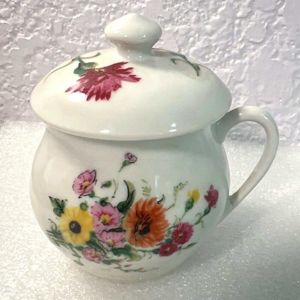 Vintage‎ Porcelain Bouillon Cup Bowl With Lid Hand Painted Floral France SEE